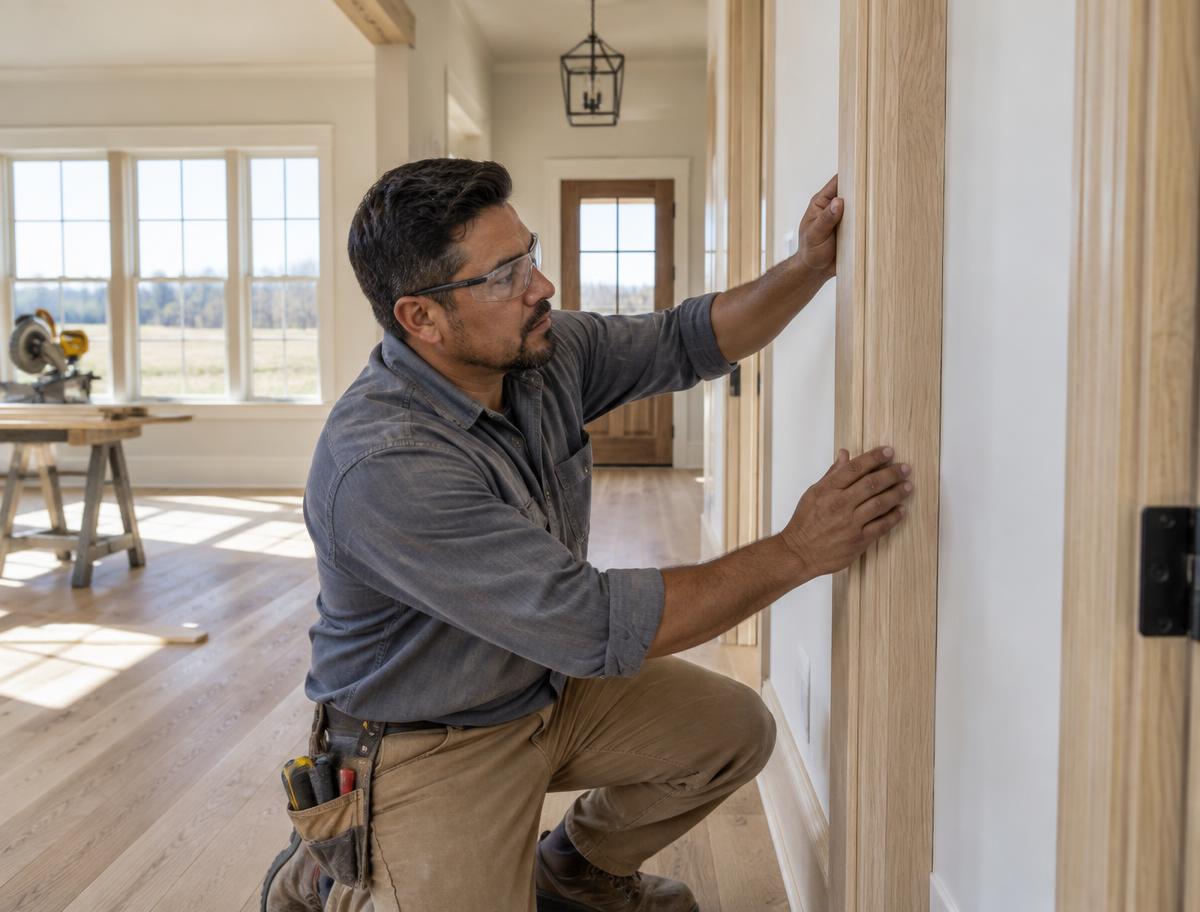 A finish carpenter carefully fitting wood trim in a new home